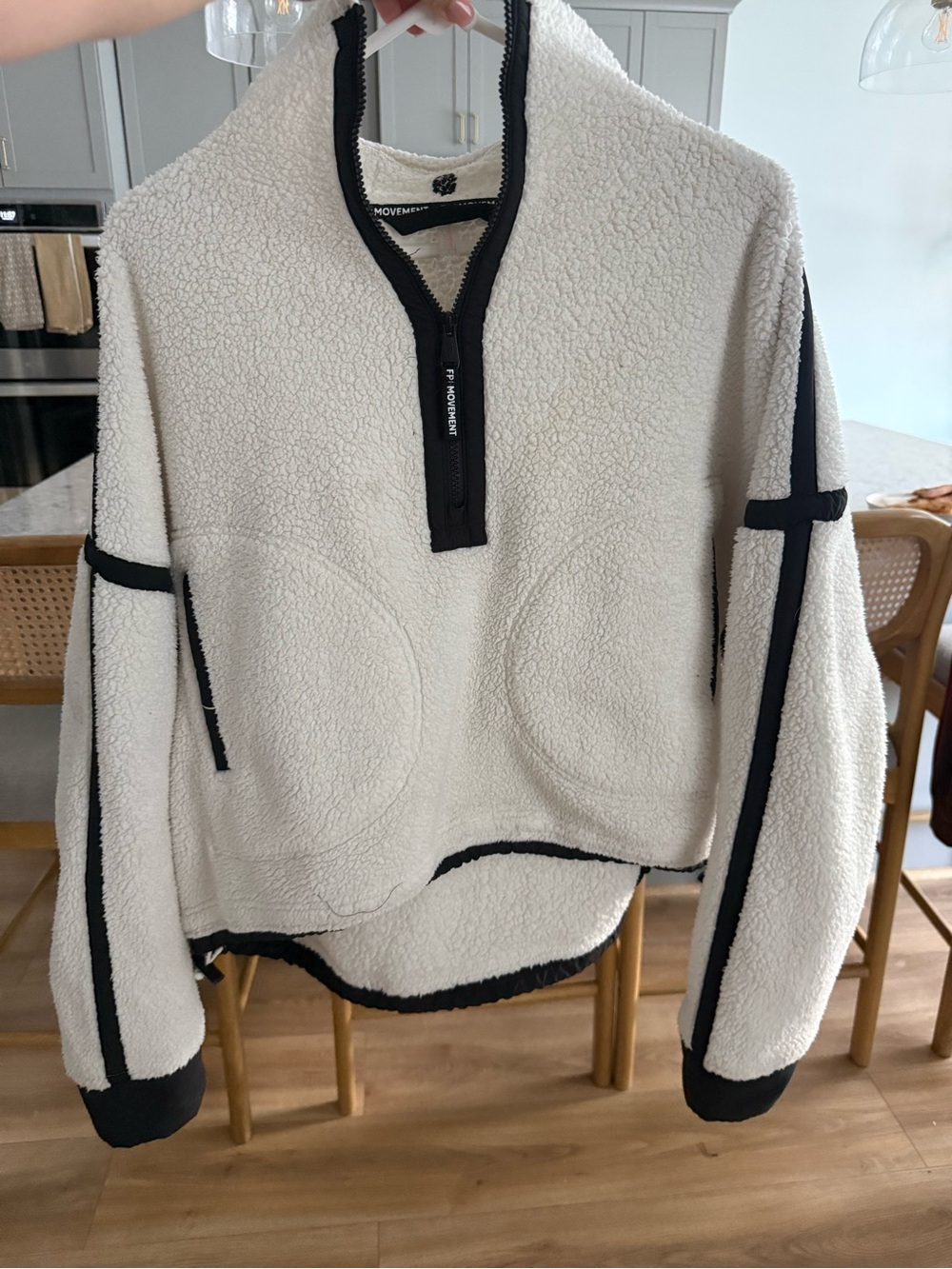 FP Movement by Free People Ivory Sherpa Half-Zip Pullover with Black Trim
